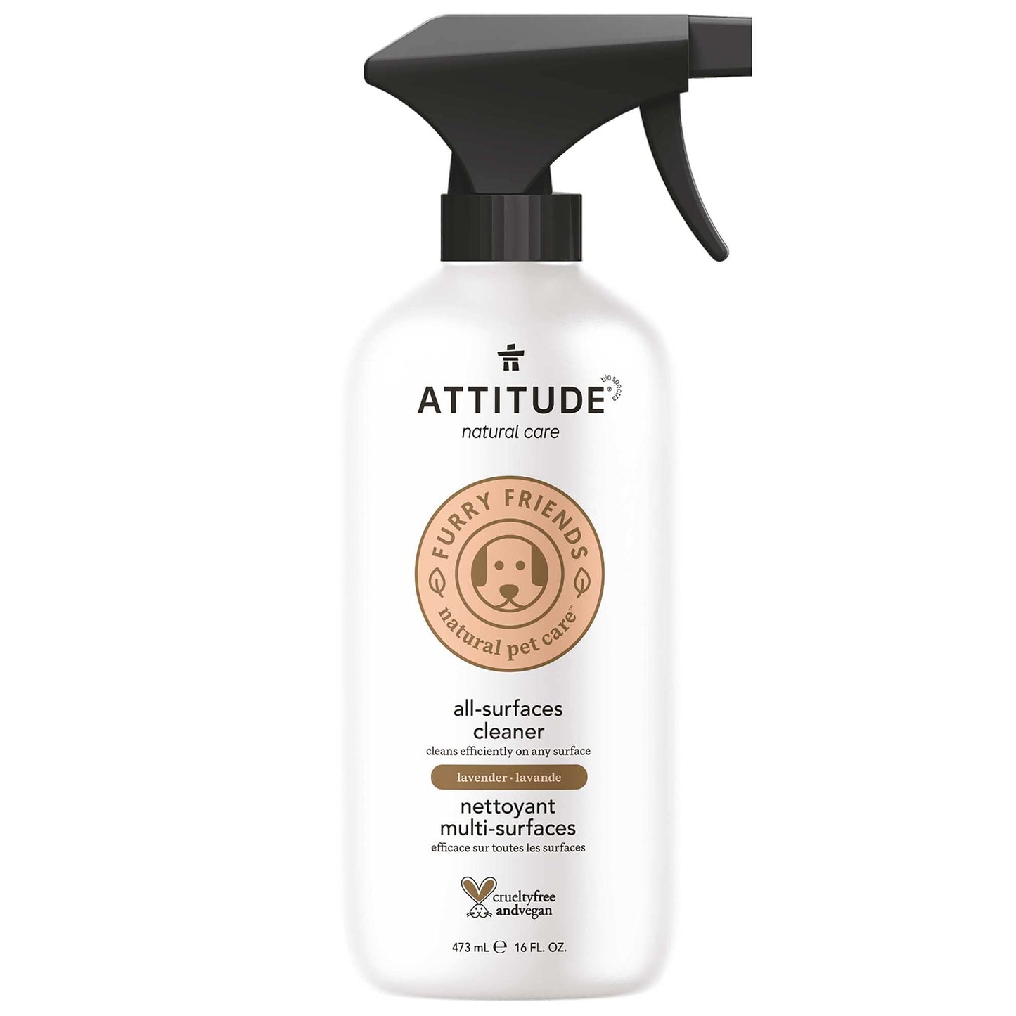 ATTITUDE All Surface Cleaner for Pets, Plant and Mineral-Based Ingredients, Vegan and Cruelty-free, Lavender, 16 Fl Oz