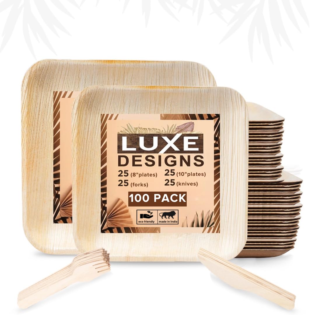 Luxe Designs Palm Leaf Plates - Eco-Friendly Alternative to Bamboo & Plastic - Heavy-Duty Compostable & Biodegradable Party Plates - Microwave & Oven