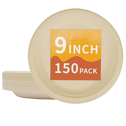 ZEARE Compostable Paper Plates 9 Inch - 100% Biodegradable, Heavy Duty Eco-Friendly Disposable Plates for Camping?Parties, Weddings, BBQ (150 Pack)