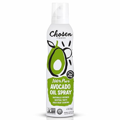 Chosen Foods 100% Pure Avocado Oil Spray 4.7 oz. (1 Pack), Non-GMO, 500°F Smoke Point, Propellant-Free, Air Pressure Only for High-Heat Cooking, Baking and Frying