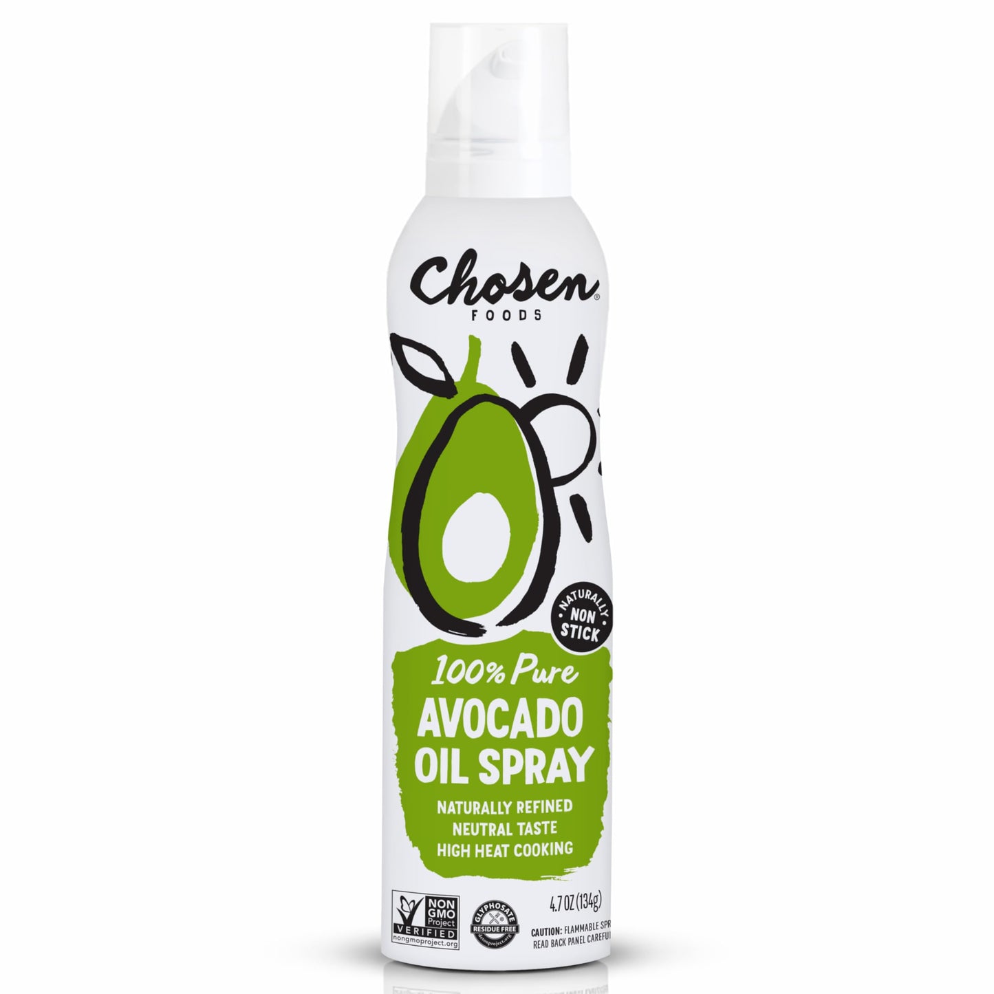 Chosen Foods 100% Pure Avocado Oil Spray 4.7 oz. (1 Pack), Non-GMO, 500°F Smoke Point, Propellant-Free, Air Pressure Only for High-Heat Cooking, Baking and Frying