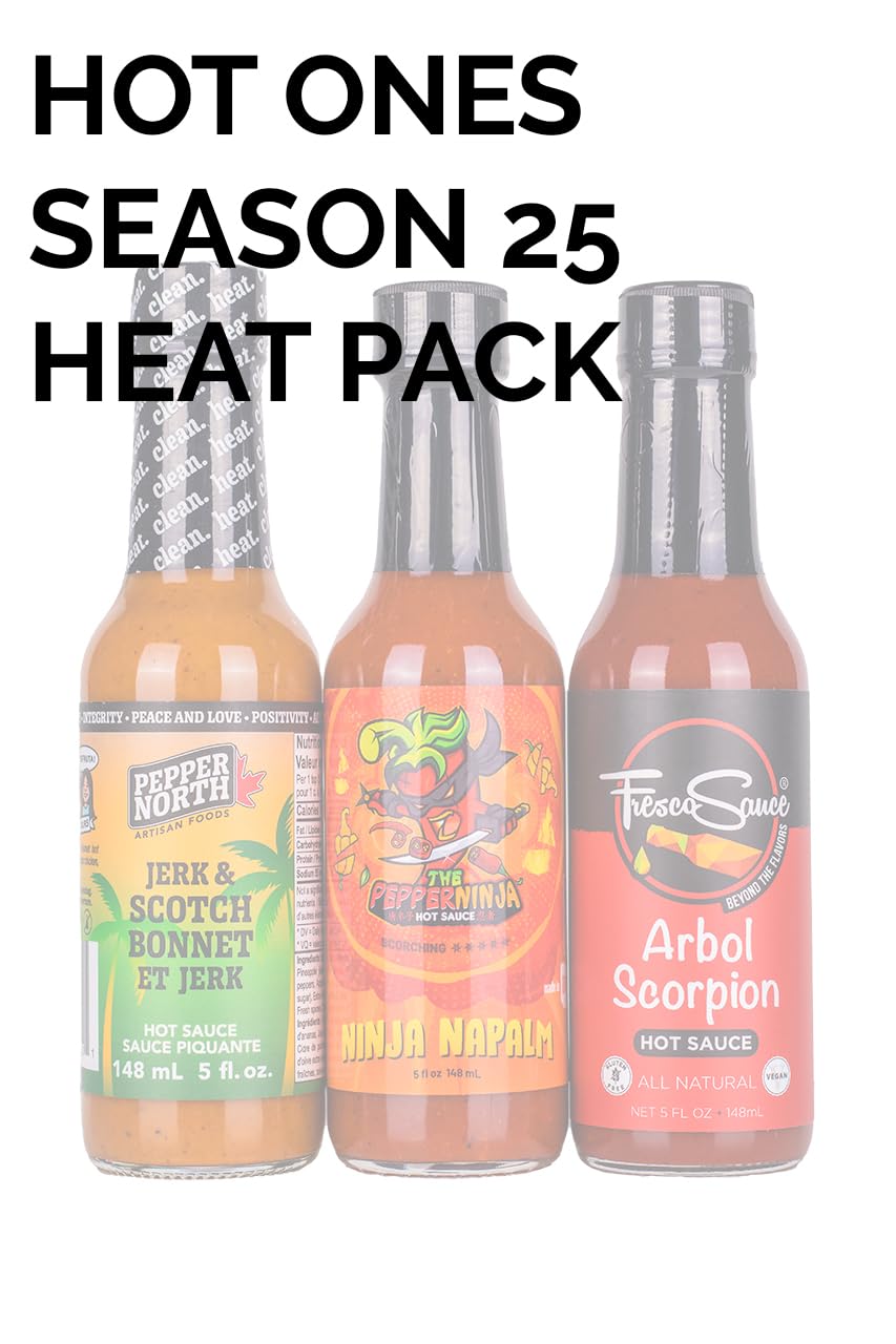 Hot Ones Season 25 Heat Pack Hot Sauce, Made With Natural Ingredient, Perfect For Superfans & Mini Wing Sauce Challenge, 5 fl oz Bottles (3-Pack)