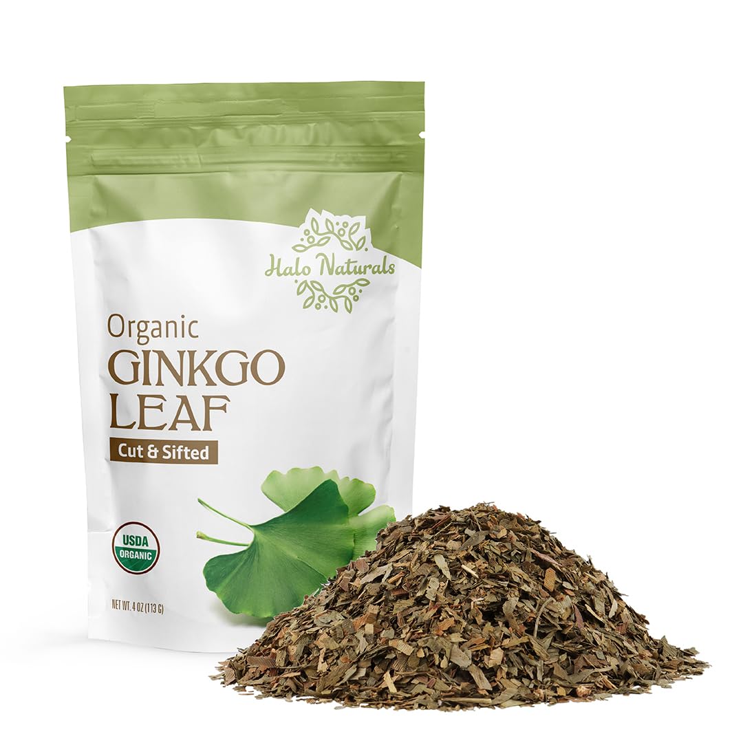Halo Naturals Organic Ginkgo Leaf Cut & Sifted, 4 Ounces (Ginkgo biloba) USDA Certified | Resealable Pouch| Packaged in The USA