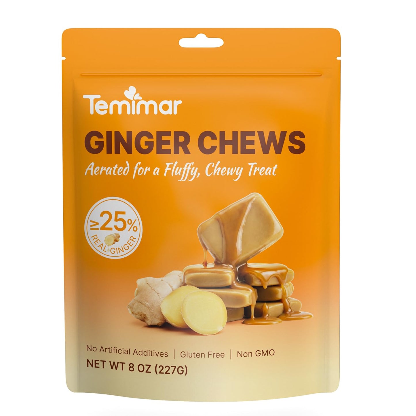 Temimar Ginger Chews for Nausea Relief, Made with 25% Real Ginger and Brown Sugar, Aerated Soft Chewy Ginger Candy, Individually Wrapped Portable