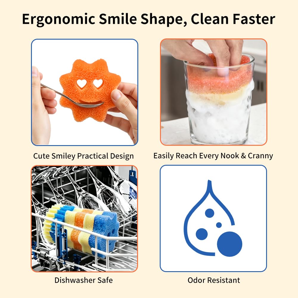 8 Pack Scrub Sponges, BIH Smile Dual-Sided Dish Sponge, 2 Shapes Temperature Sensitive Non Scratch Kitchen Sponges for Kitchen, Bathroom, Windows