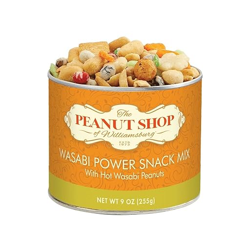 The Peanut Shop of Williamsburg Wasabi Snack Mix with Wasabi Peanuts and Nuts, Rice Crackers, Peas, Sesame Seeds, Soybeans - 8 Oz Tin