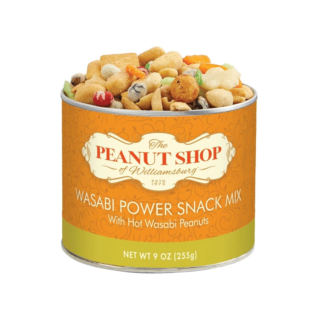 The Peanut Shop of Williamsburg Wasabi Snack Mix with Wasabi Peanuts and Nuts, Rice Crackers, Peas, Sesame Seeds, Soybeans - 8 Oz Tin