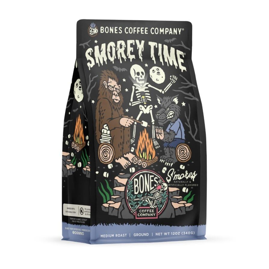 Bones Coffee Company Decaf S'morey Time, S'mores and Graham Crackers Decaffeinated Flavored Coffee, Medium Roast Low Acid Arabica Beans For Auto drip