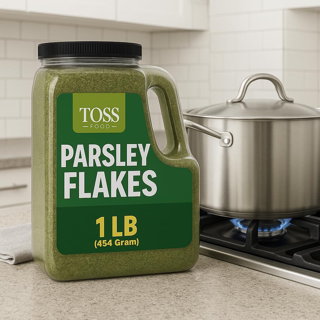 Toss European Dried Parsley Flakes Bulk 16 OZ -Medium Cut Parsley Seasoning - Great Addition to Cooking,Soups, Salads and Baking - Great Source