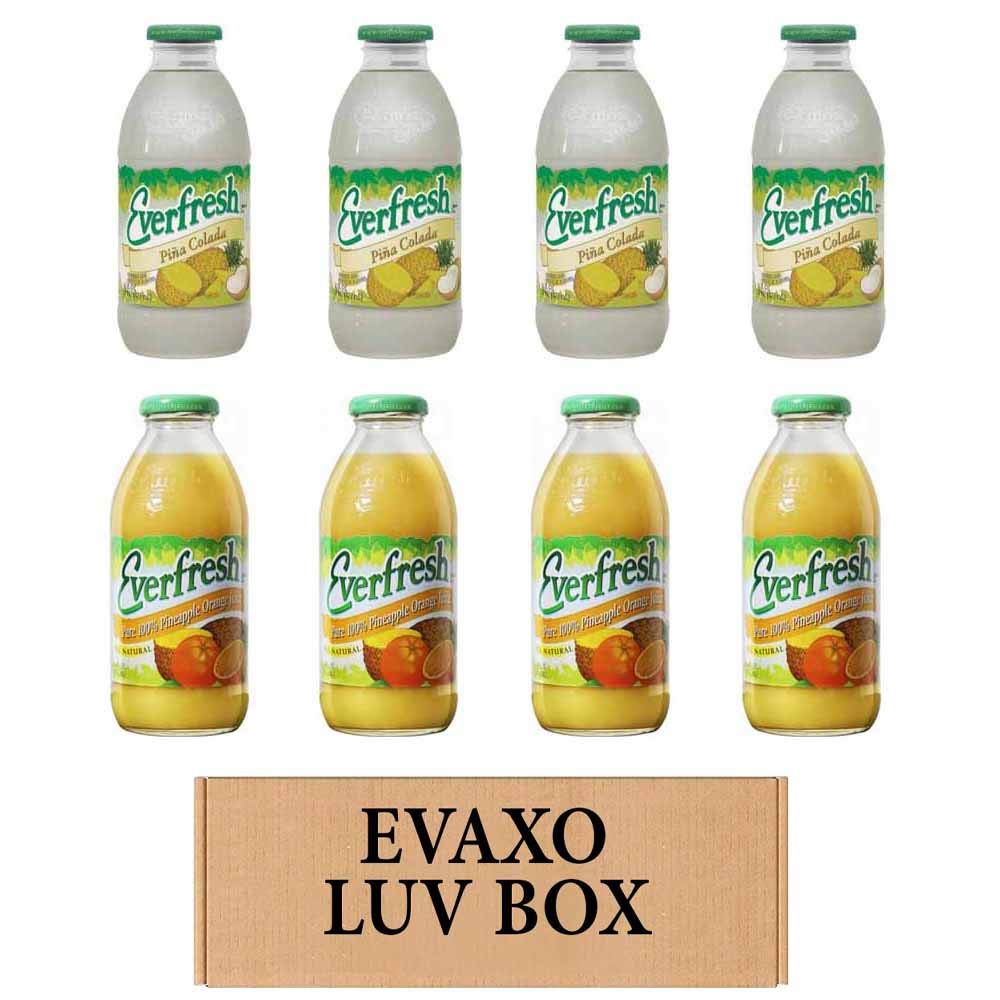 LUV BOX- variety Everfresh Juice 16 oz. pack of 8, Everfresh Pina Colada, Everfresh 100% Pineapple Orange Juice. by evaxo