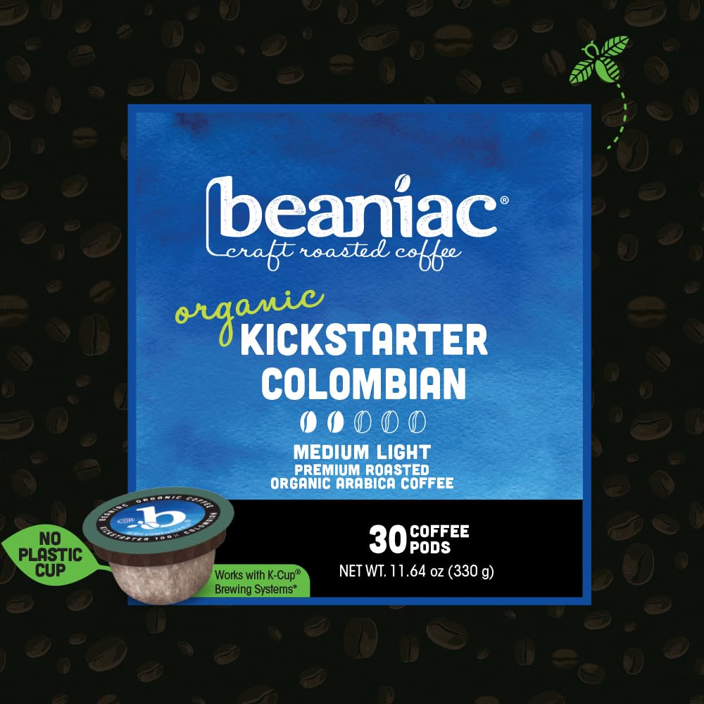 beaniac Organic Kickstarter Colombian, Medium Light Roast, Single Serve Compostable K Cup Coffee Pods, Organic Arabica Coffee, Keurig Brewer