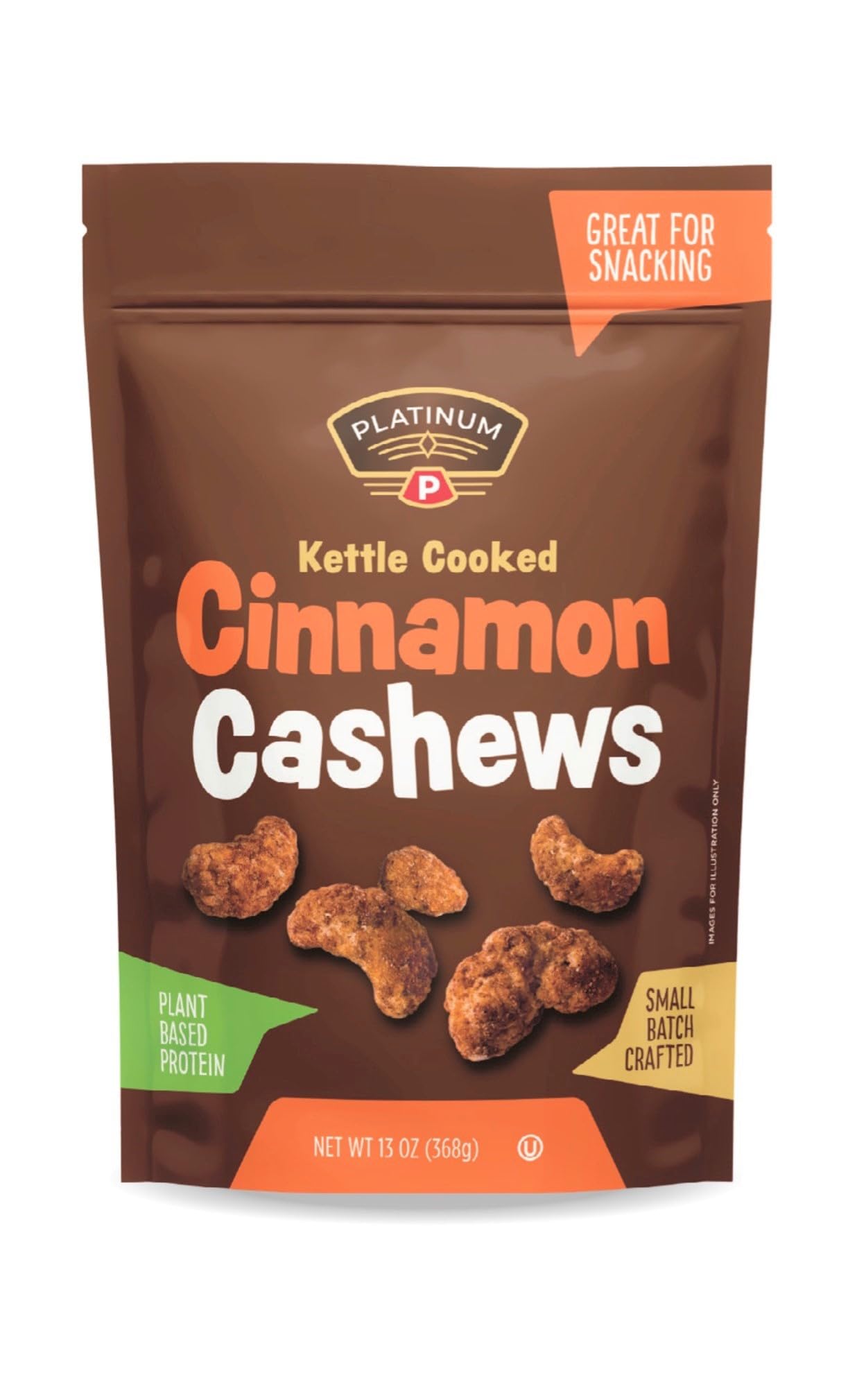 Platinum Kettle Cooked Cinnamon Cashews - Plant Based Protein, Fiber, Healthy Snack - Sweet & Spicy Flavors - Can Bring at Home, Work, Office, Gym