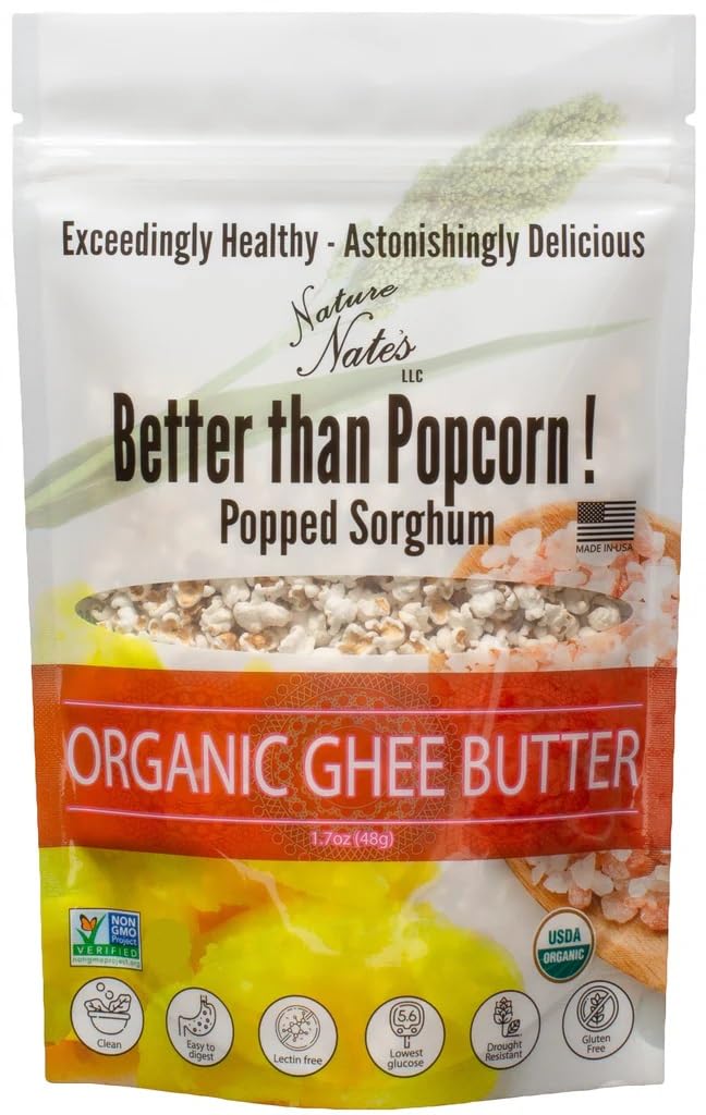 Nature Nate’s Popped Sorghum, Ghee Butter - Keto & Gluten Free, Healthy Snacks, Better Than Popcorn, Popcorn Alternative, Made in USA - 1.7 Ounce