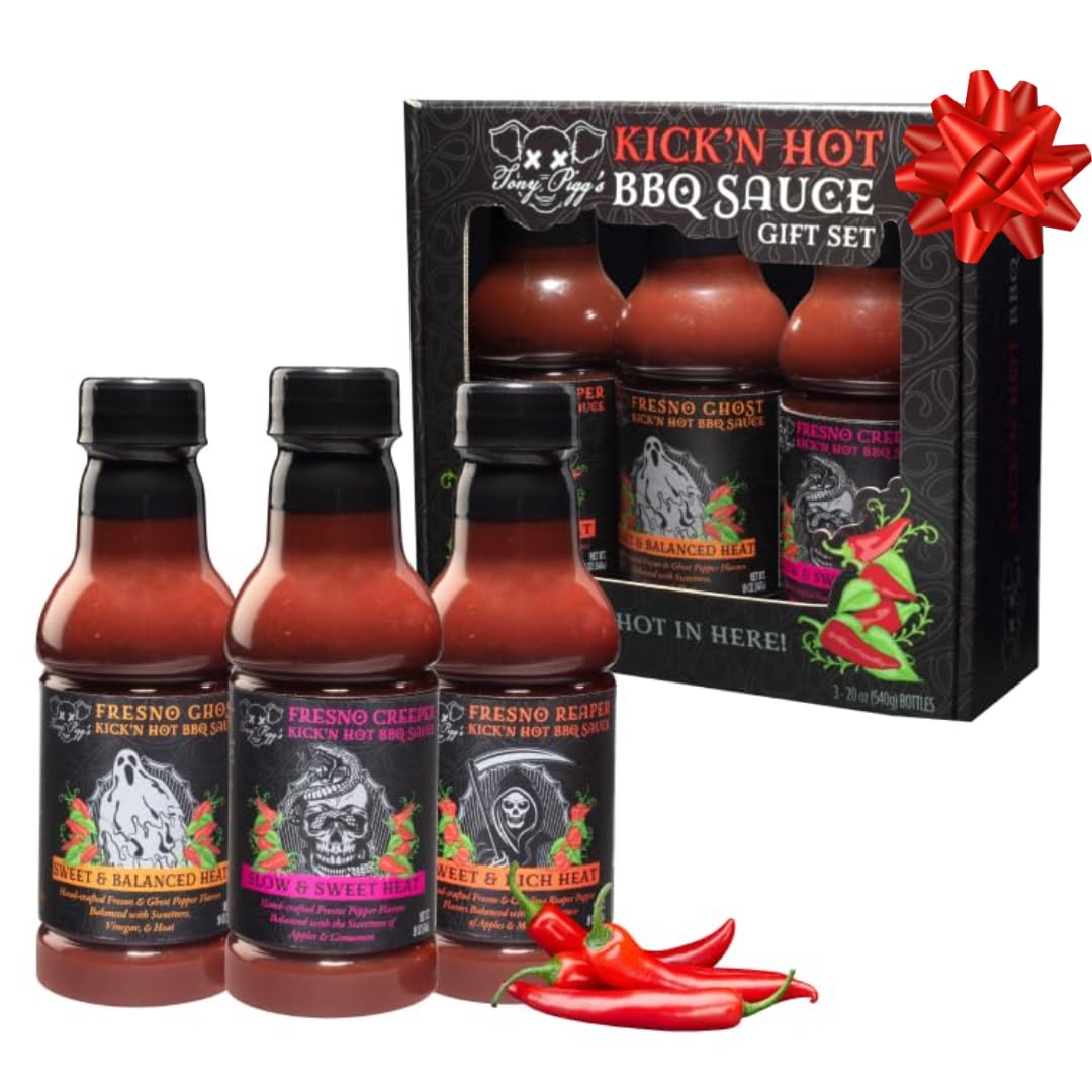 Tony Pigg's Kick'n Hot BBQ Sauce Gift Set (3pk, 19oz ea- Fresno Reaper, Ghost, Creeper)- Hand Crafted Barbecue Sauces w Fresh Pepper Heat- Great