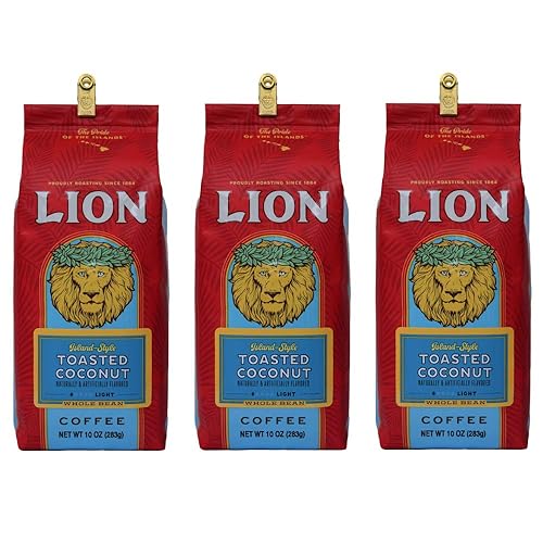 Lion Coffee, Toasted Coconut Flavor, Light Roast, Whole Bean, 10 Ounce Bag (Pack of Three)