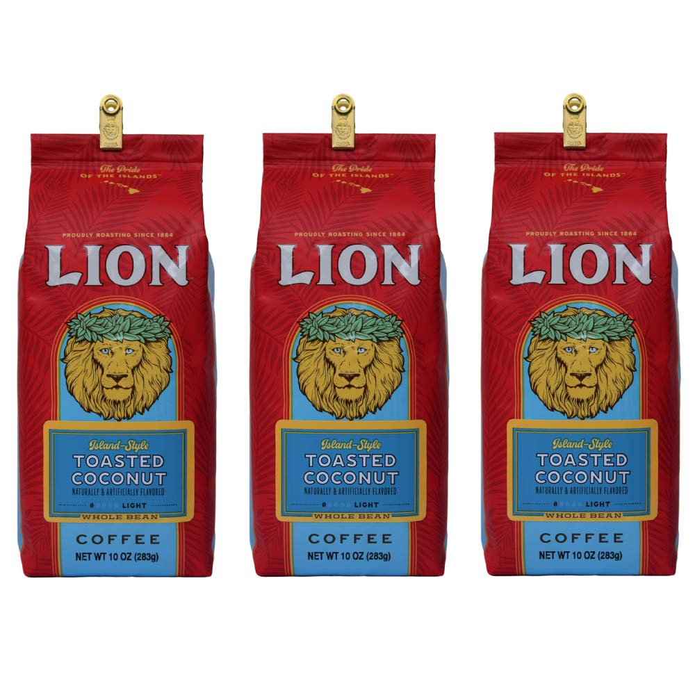 Lion Coffee, Toasted Coconut Flavor, Light Roast, Whole Bean, 10 Ounce Bag (Pack of Three)