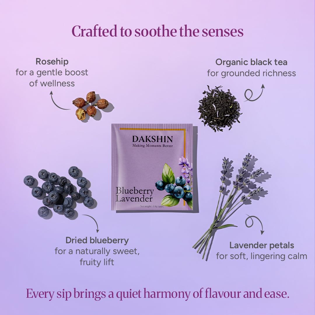DAKSHIN Organic Blueberry Lavender Tea Bags | Black Tea with Lavender Petals, Dried Blueberry & Rosehip | Antioxidant & Focus Support Tea | USDA
