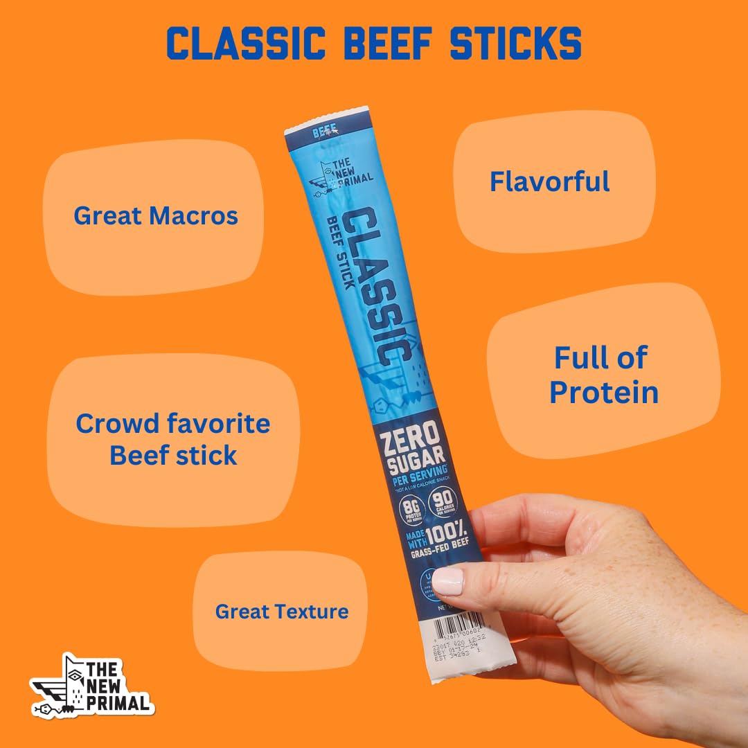 The New Primal Classic Beef Meat Stick, Whole30 Approved, Paleo, Keto, Pantry Staple, Certified Gluten Free, Low Carb, High Protein Snack, Sugar Free