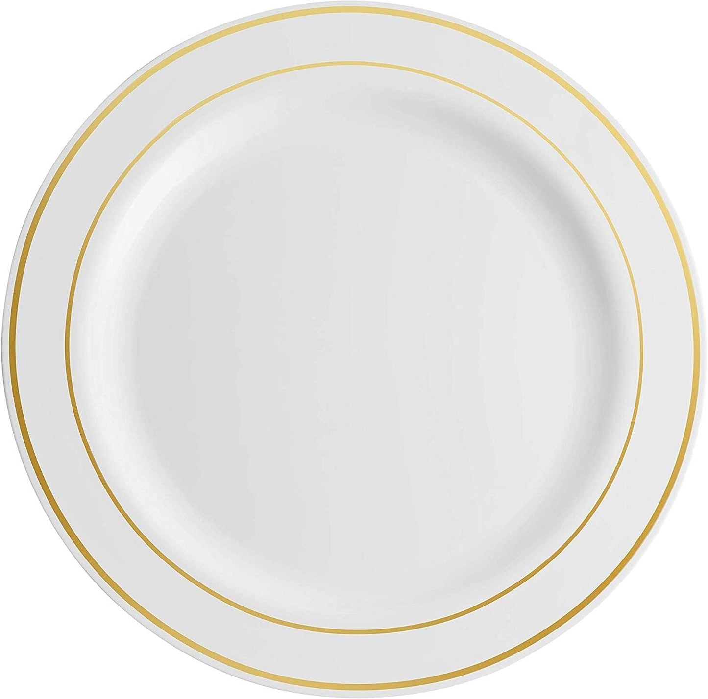 Munfix 100 Gold Plastic Plates Set, 10 Inch Fancy Heavy Duty Elegant Disposable Dinner Plates, For Party, Wedding, White with Gold Rim