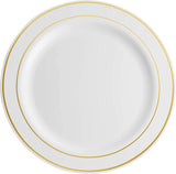 Munfix 100 Gold Plastic Plates Set, 10 Inch Fancy Heavy Duty Elegant Disposable Dinner Plates, For Party, Wedding, White with Gold Rim