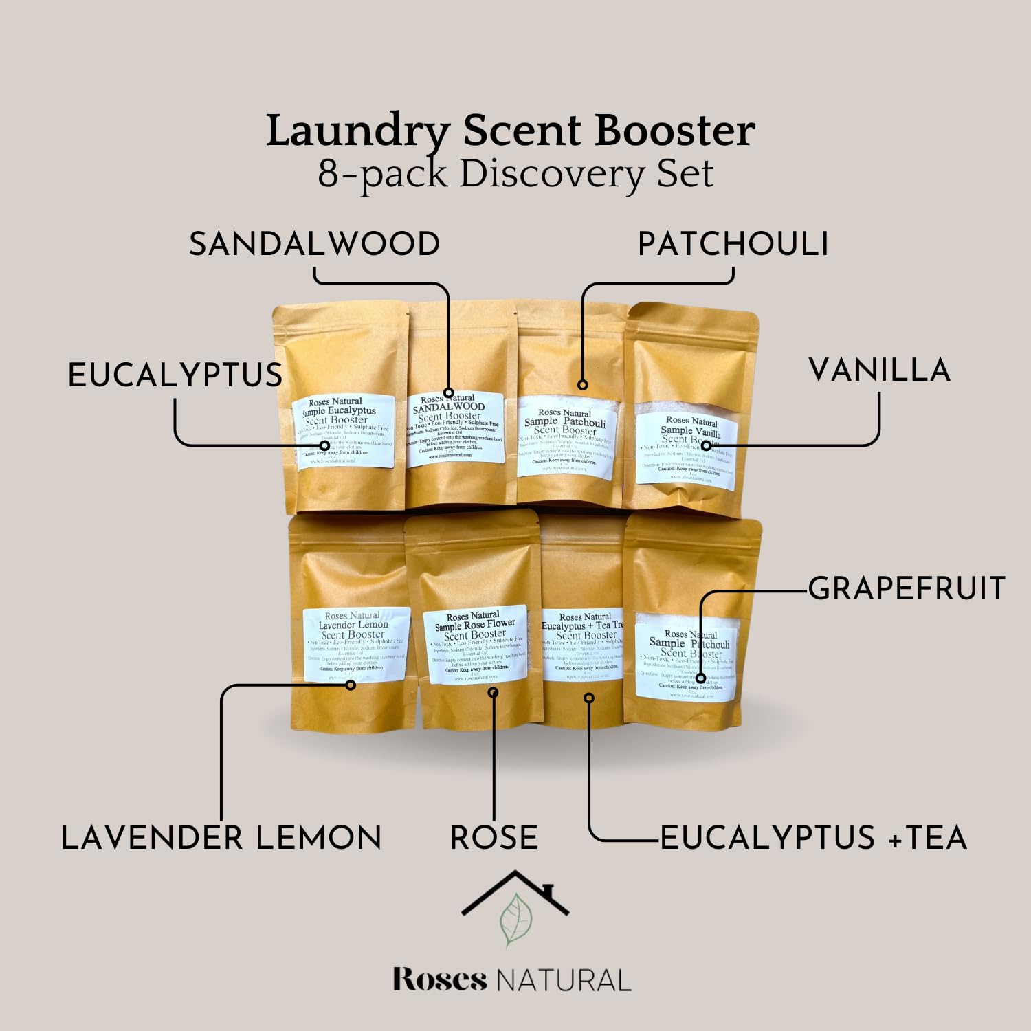 Roses Natural Powder Laundry Scent Booster - Discovery Set, Textile Deodorizer, Handcrafted Plant-based Ingredients, 8 Packs, each 4 Oz