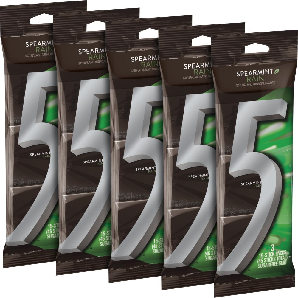 5 Gum Spearmint Rain Sugarfree Gum, 3 15-Piece Packages (Pack of 5)