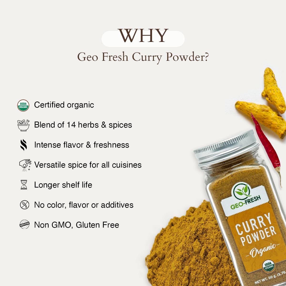 Geo-Fresh Organic Curry Powder - 1.76 oz (50g) - Organic Curry Powder - Curry Seasoning - Indian Curry Powder - USDA Certified - Kosher, Non-GMO