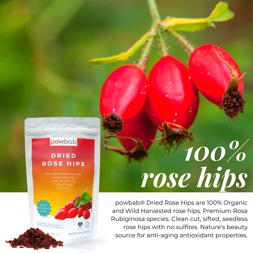 powbab Dried Rose Hips - 100% Organic Wild Rosehip Cut & Sifted. Premium Rosa Rubiginosa. Bulk Seedless Whole Dried Organic for Rose Hip Tea. No Added
