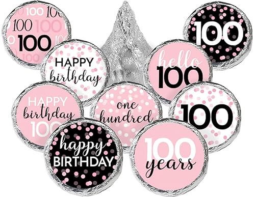 Pink, Black, and White 100th Birthday Party Favor Chocolate Kisses Candy Stickers - 180 Count, 100th Birthday Decorations
