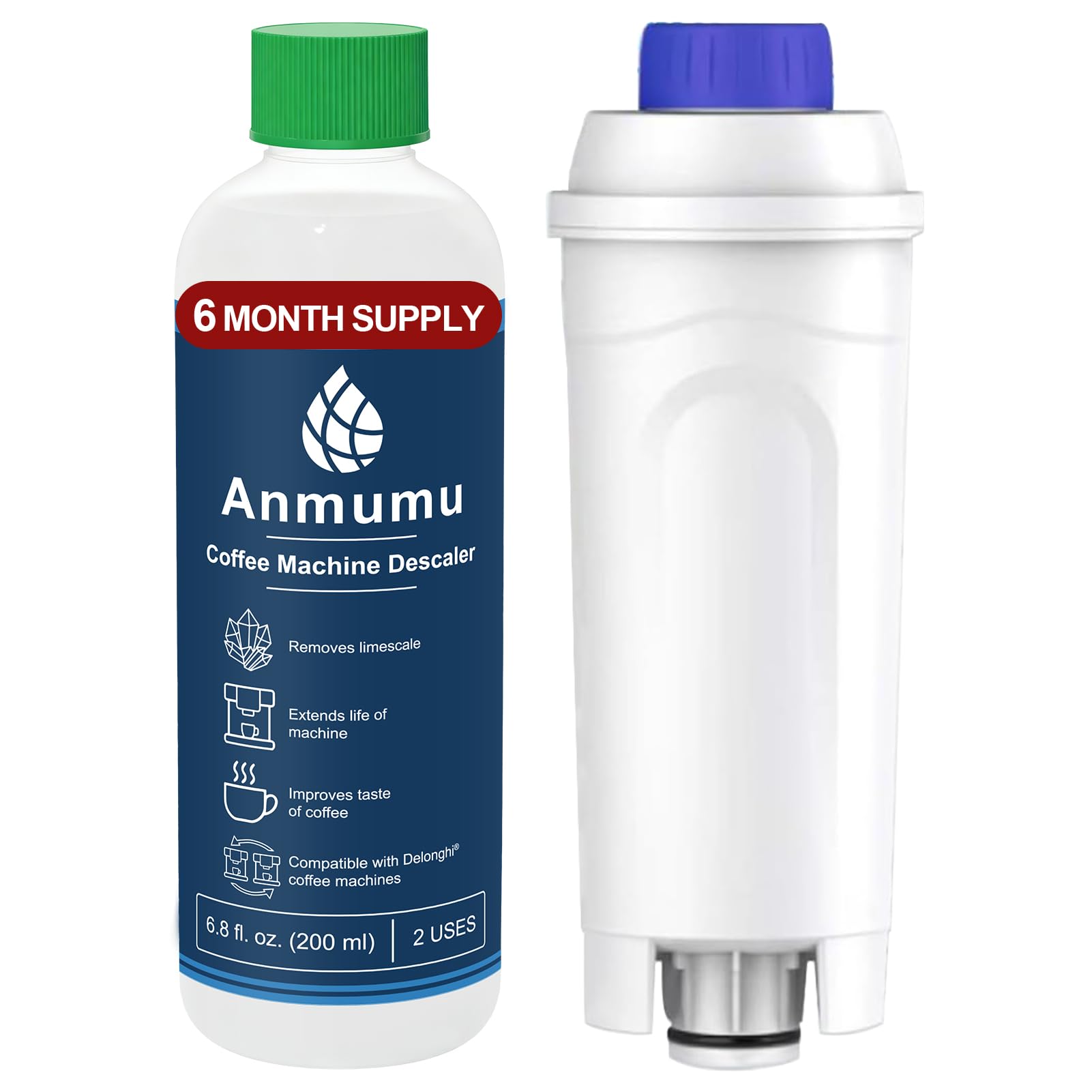 Anmumu Delonghi* Compatible Descaling Kit with 1 Pack Coffee Filter Replacements,Includes Descaling Solution(200ML)&DLSC002 Water Filters,Fits