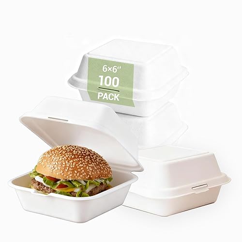 Disposable Burger Paper Clam Shell 100pcs 6" X 6" X 3" Takeaway Container with Flip Lid, Microwave/Frozen Food Grade sugarcane bagasse material