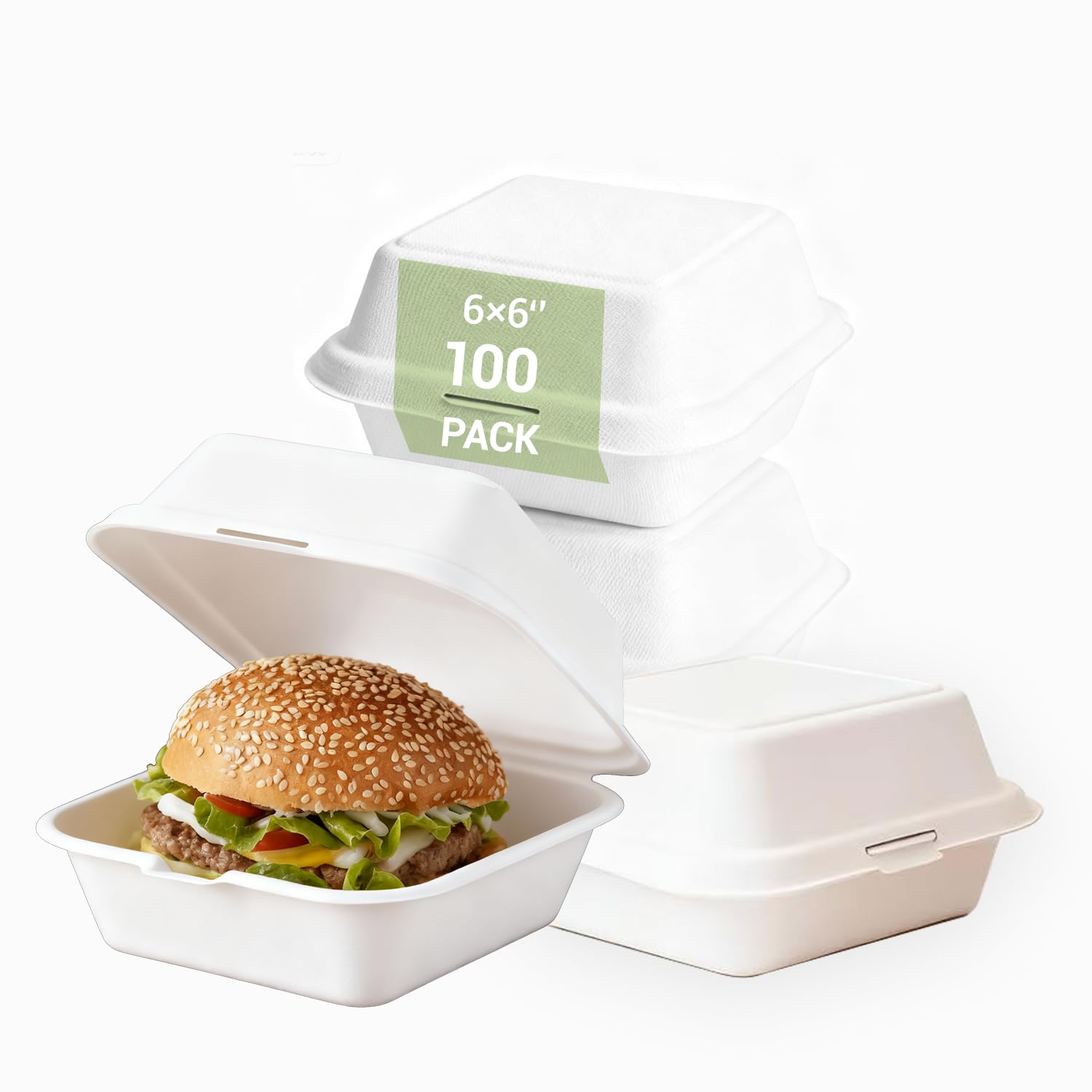 Disposable Burger Paper Clam Shell 100pcs 6" X 6" X 3" Takeaway Container with Flip Lid, Microwave/Frozen Food Grade sugarcane bagasse material