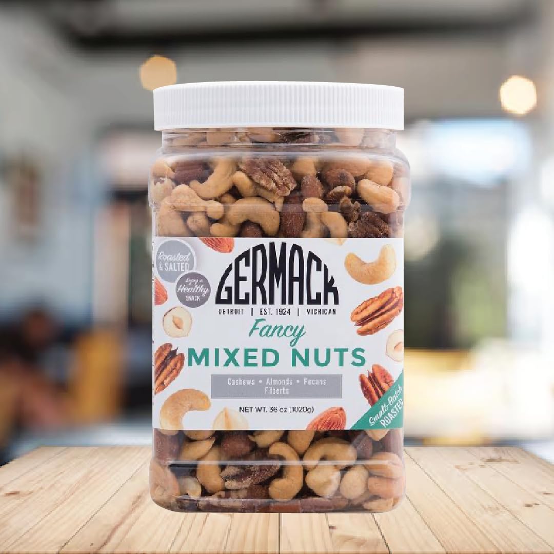 Germack® - Fancy Deluxe Mixed Nuts - Almonds, Cashews, Pecans and Filberts (Hazelnuts) - Roasted and Salted (36oz Jar)