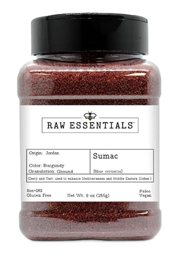 Raw Essentials Sumac with Salt - Tangy Middle Eastern Spice - Ground and Perfect for Salads, Meat & Vegetables - 8 oz