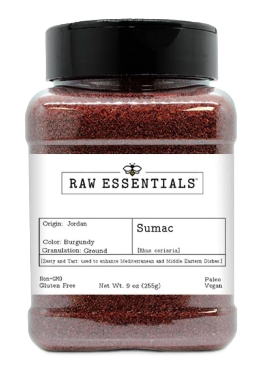 Raw Essentials Sumac with Salt - Tangy Middle Eastern Spice - Ground and Perfect for Salads, Meat & Vegetables - 8 oz