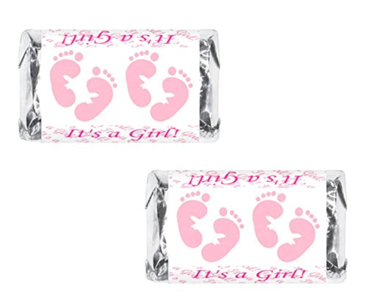 60 Pink Footprints Baby Shower Miniatures Chocolate Candy Bar Wrapper, Its a Girl Baby Shower Mini Candy Bar Stickers Decorations, Candy Not Included
