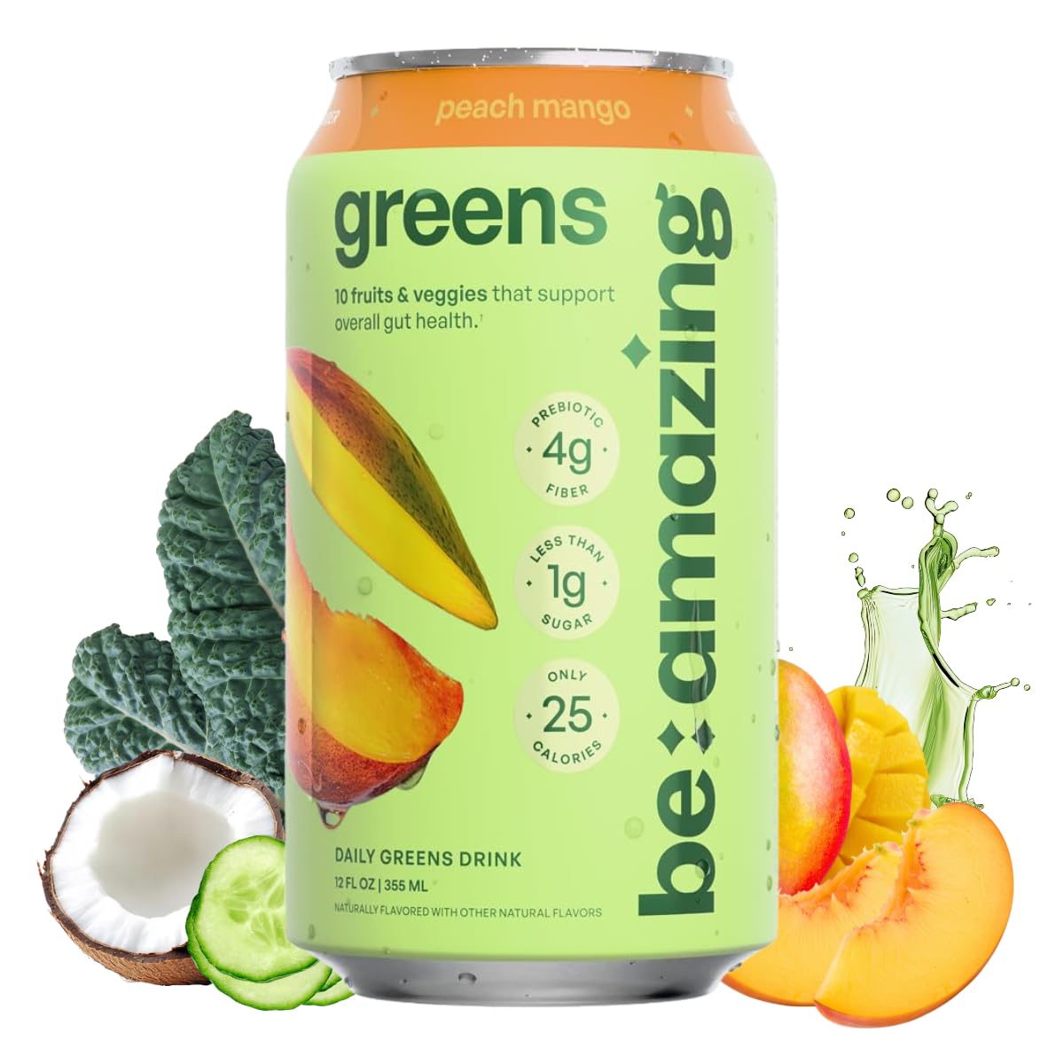 Be Amazing Greens Drink, Peach Mango, Ready to Drink, 10 Organic Fruits & Vegetables, Coconut Water, Vitamin C, Prebiotic Fiber, 25 Calories, Low