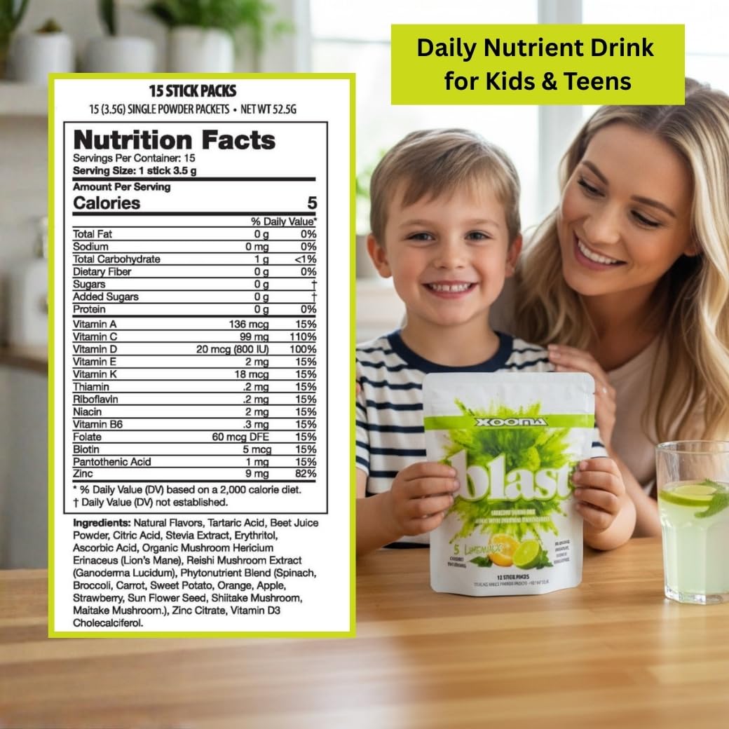 Xooma Blast Sugar Free Drink Mix Sticks - Whole Food Phytonutrient Powder with Immune Supporting Vitamins and Functional Mushroom Blend - Low Calorie