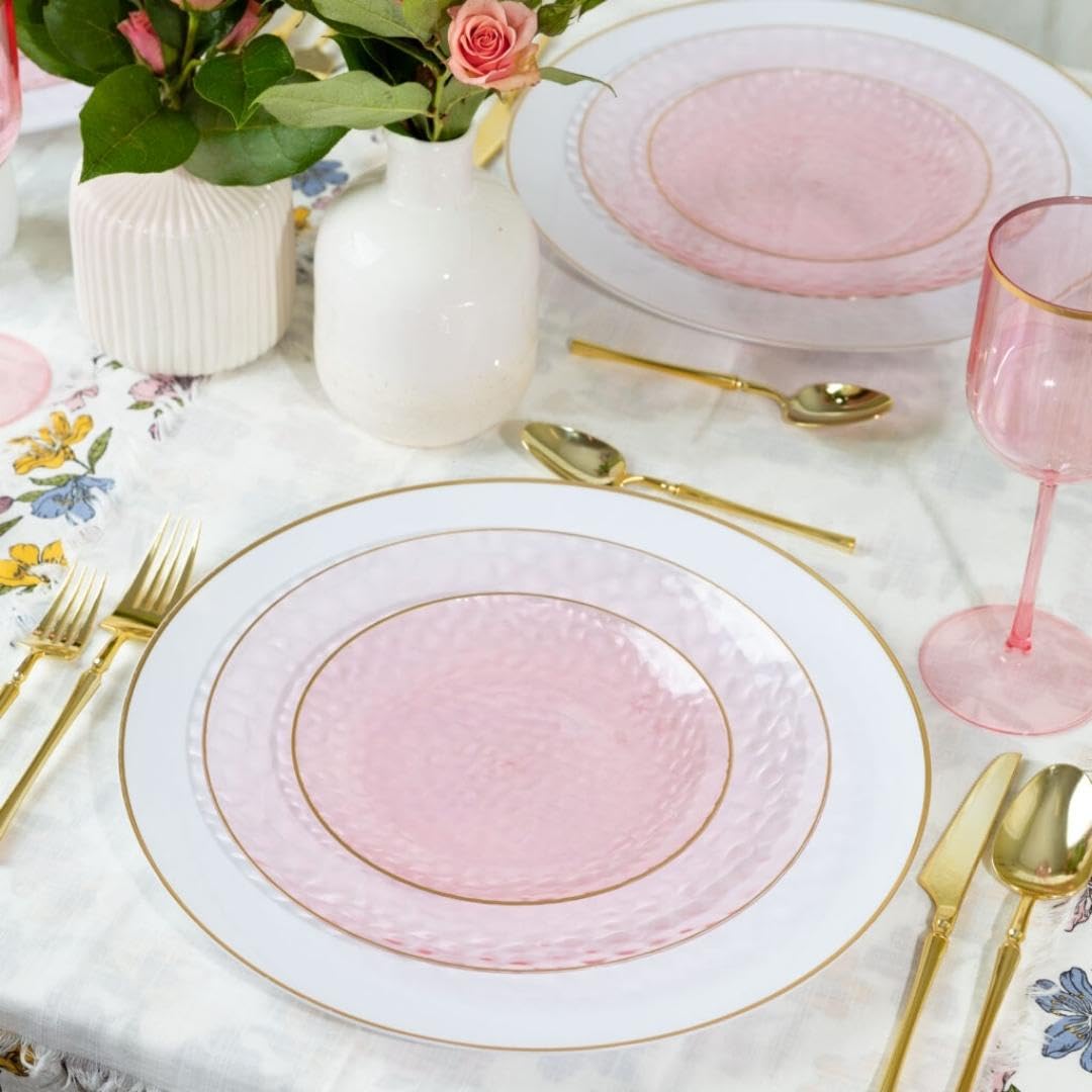 Blue Sky Organic Hammered Pink Gold Rim Plates - 10 Count, 7" | Round Disposable Plastic, Elegant Design for Parties & Events
