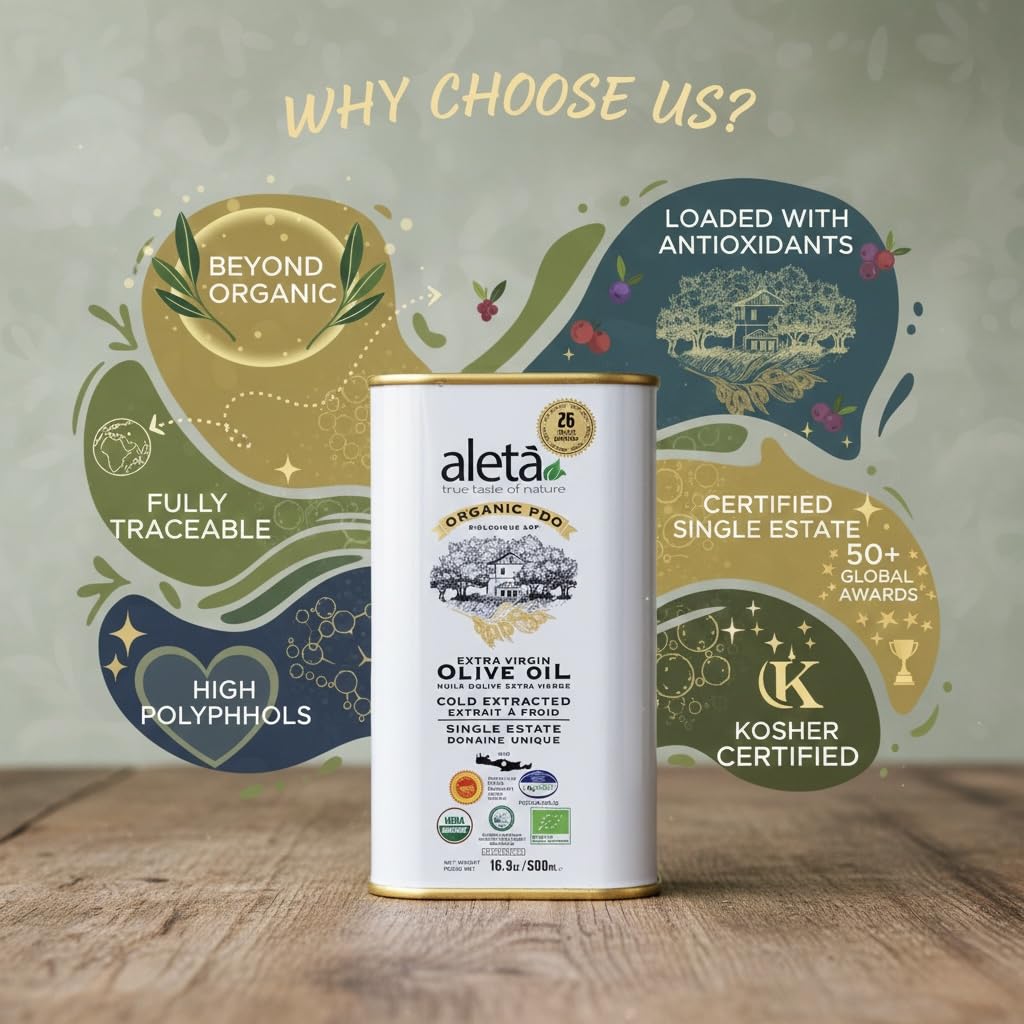 Aleta Farms Organic Olive Oil Extra Virgin, High Phenols, Single Estate PDO, Cold Press, Global Gold Awards, EVOO, Kosher. 16.9 Fl Oz (Pack of 2)