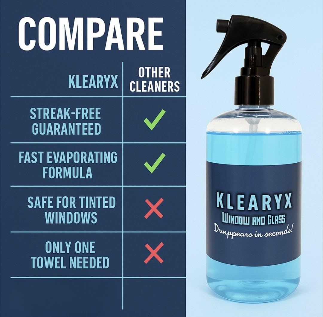 Klearyx Streak-Free Window & Glass Cleaner - Fast Evaporating, Ammonia-Free, Tint-Safe | Professional Auto & Home Use | 16 oz