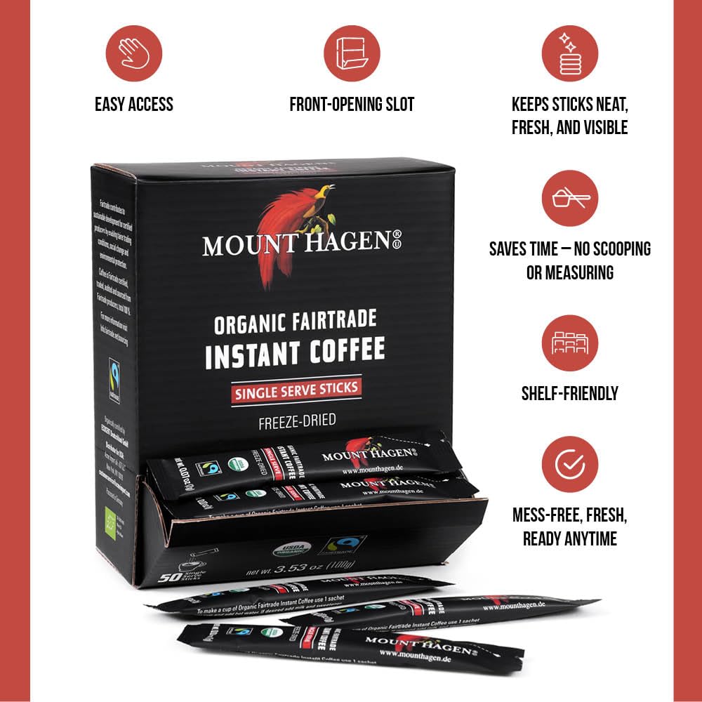 Mount Hagen Dispenser Box - 50 Count Organic Instant Coffee Packets Single Serve, Medium Roast Eco-friendly, Fair-Trade, Freeze-dried Arabica Beans