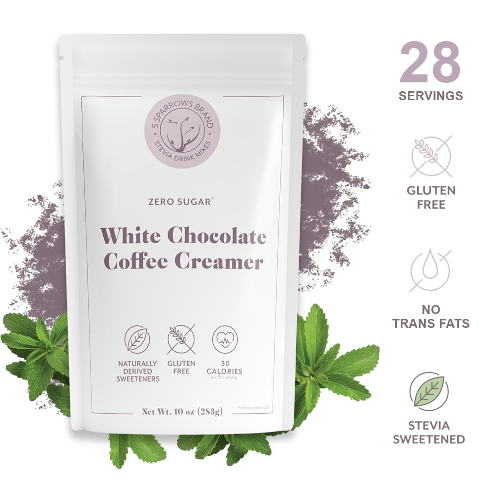 5 SPARROWS Healthy Sugar-Free Coffee Creamer Powder (White Chocolate) - Stevia-Sweetened, Zero Sugar - Keto-Friendly Flavored Drink Mix, 10 oz
