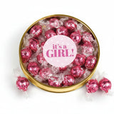 It's a Girl Baby Shower Candy Gift Tin Large Plastic Tin with Chocolate Strawberries & Cream Truffles