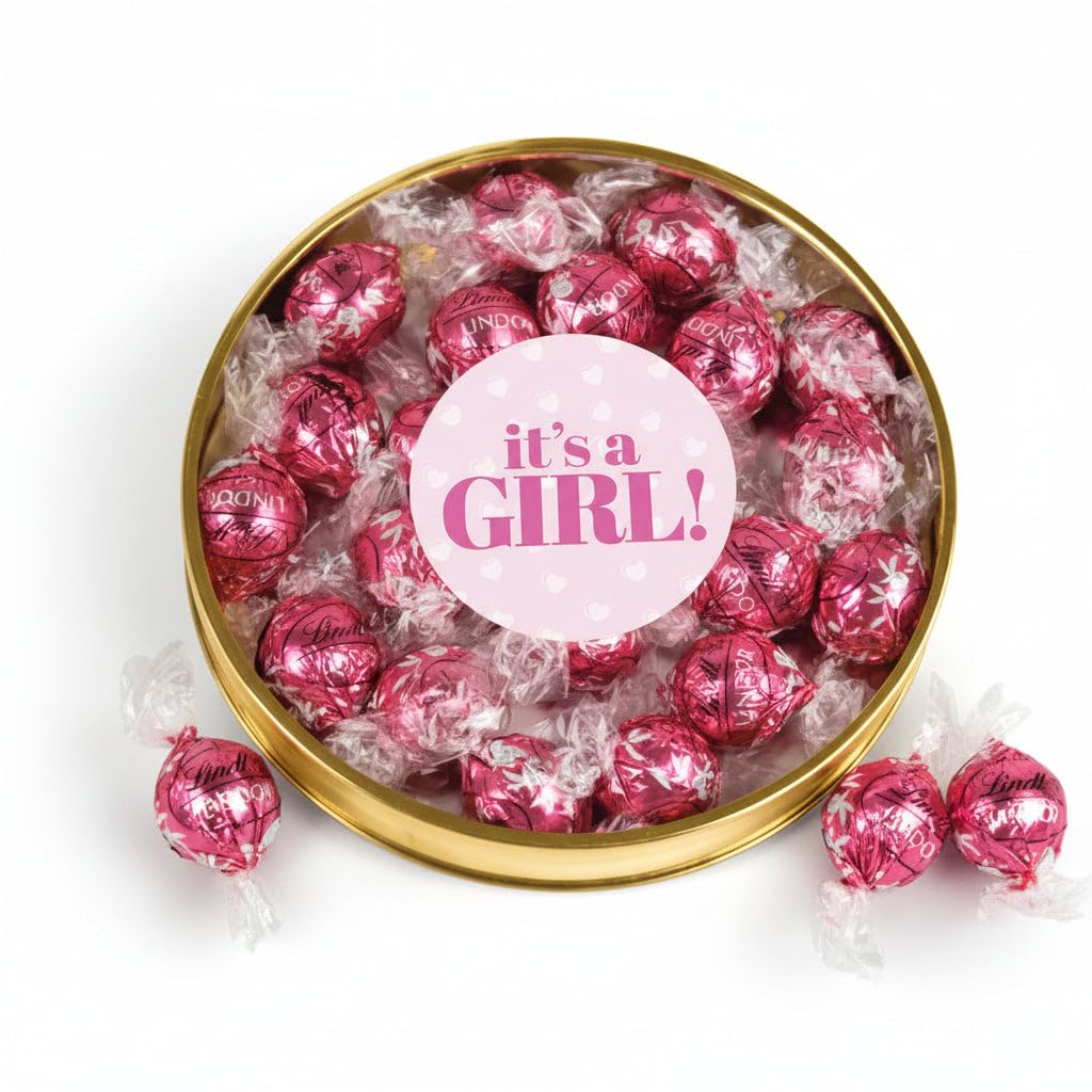 It's a Girl Baby Shower Candy Gift Tin Large Plastic Tin with Chocolate Strawberries & Cream Truffles