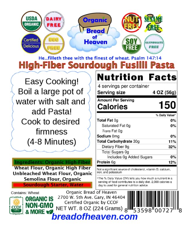 Organic Bread of Heaven ~ High-Fiber Sourdough Fusilli Noodles 2 pkgs ~ USDA Organic