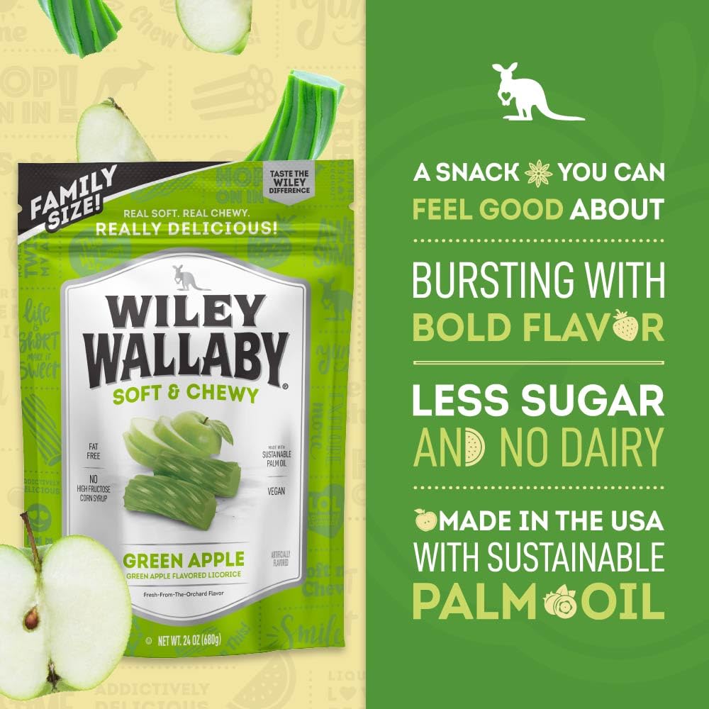 Wiley Wallaby Licorice 24 Ounce Classic Gourmet Soft & Chewy Australian Green Apple Licorice Candy Twists, 1 Pack