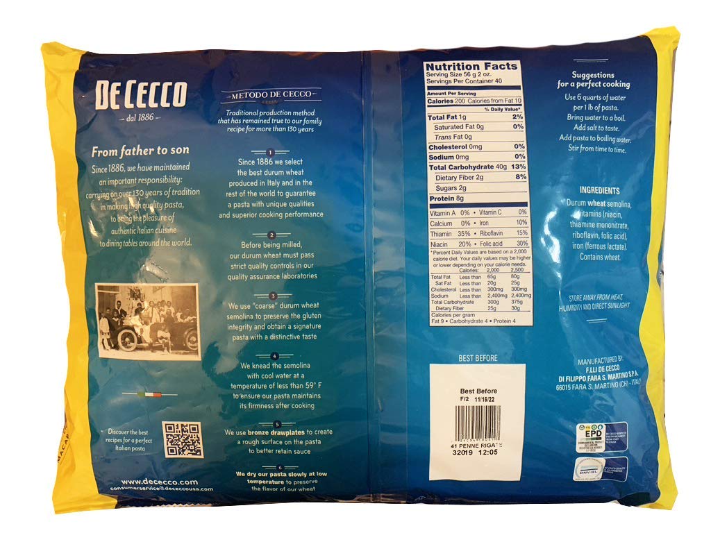 De Cecco Semolina Pasta, Penne Rigate, 5 Pound
