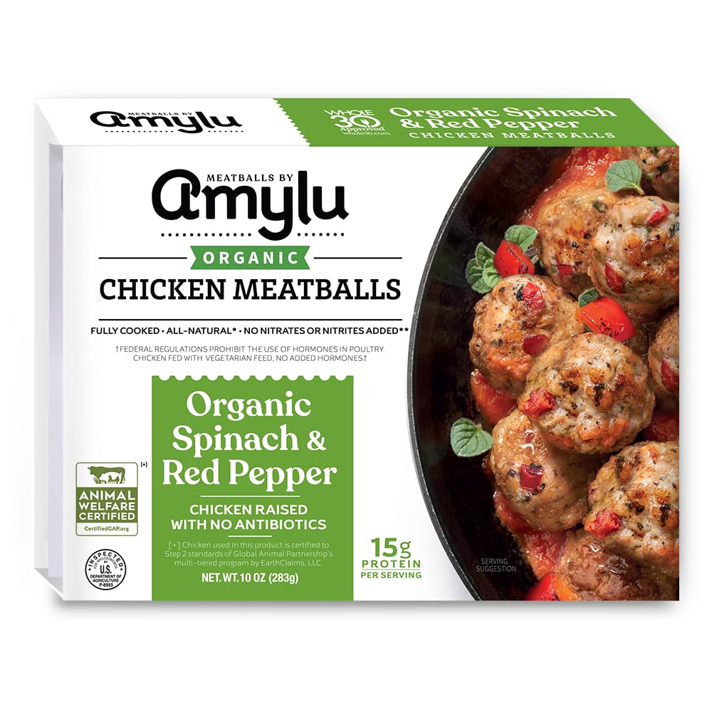 Amylu Foods Organic Spinach & Red Pepper Chicken Meatballs, Natural Ingredients, 15g of Protein, Chicken Raised with No Antibiotics, Fully Cooked