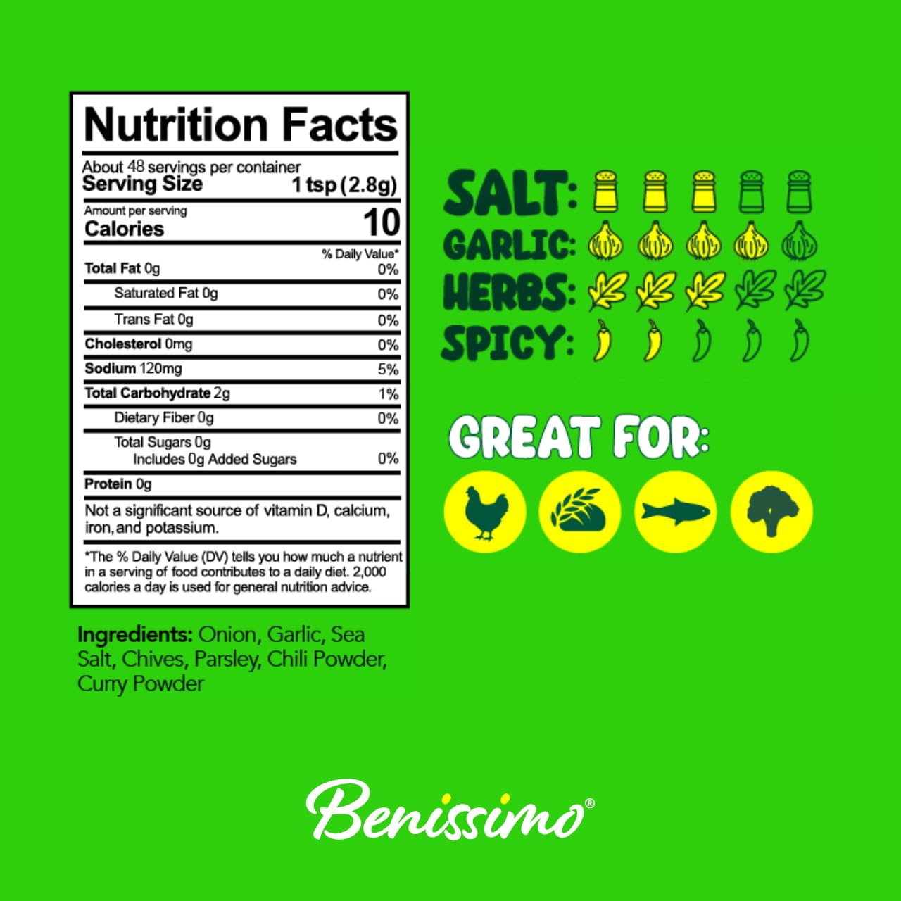 Benissimo Garlic & Chive Crystal Seasoning, Savory Blend for Chicken, Beef, Pork, Vegetables, Eggs, Pasta, Soups, Marinades & Everyday Cooking